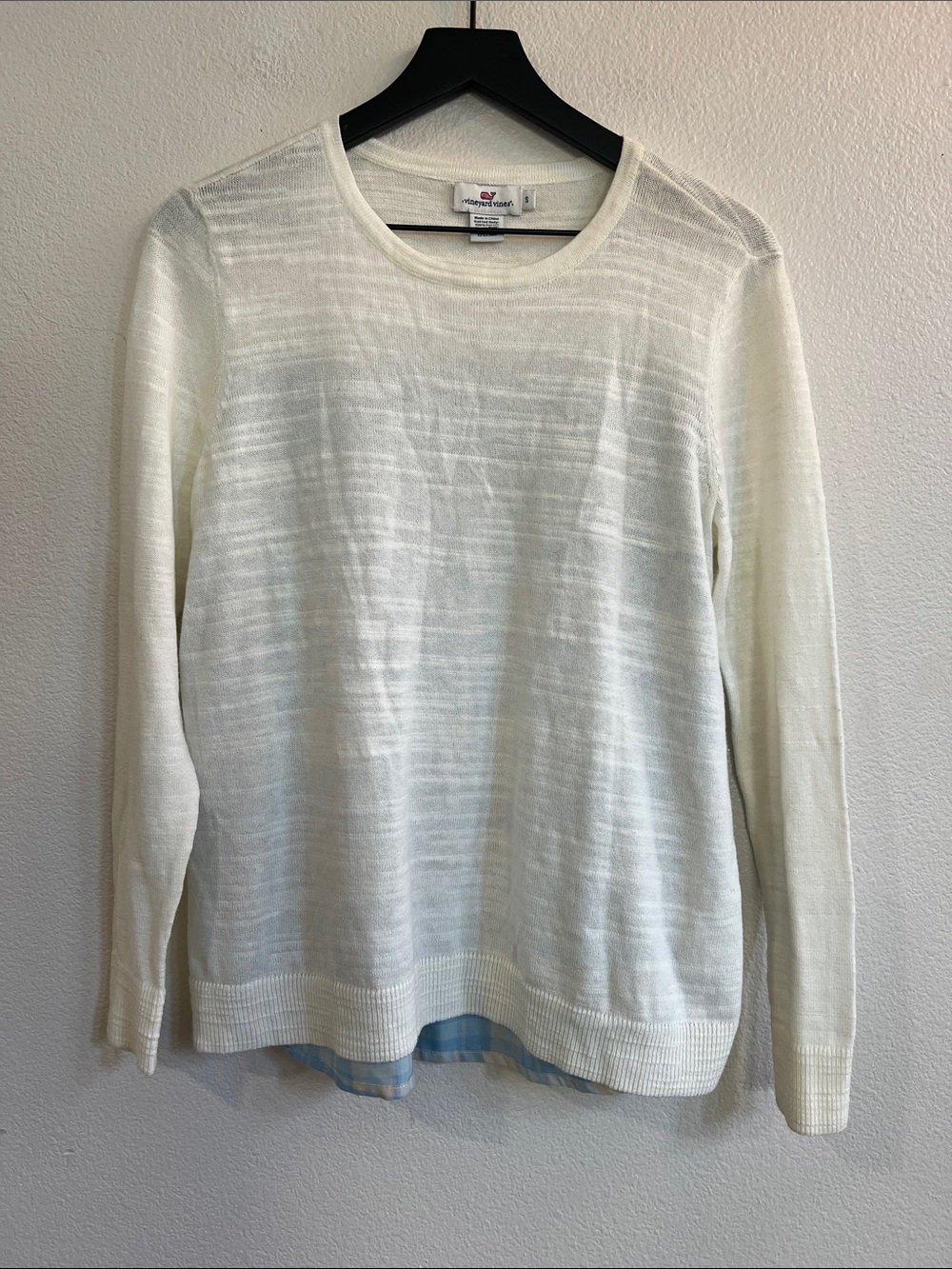 VINEYARD VINES Longshore Sweater Ivory Knit Front Multi Blue Plaid Back Women S